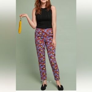Anthropologie essential slim Rust Crop Pants with Blue Leaf & Yellow Bird Print